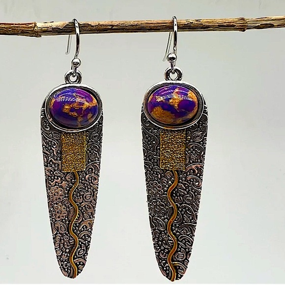 Silver Vintage Handmade Boho Purple Stone Geometric Irregular Dangle Earrings - Picture 2 of 6